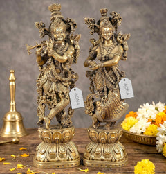 Brass Radha Krishna statue set, Krishna playing flute, ornate crown, 15 in height