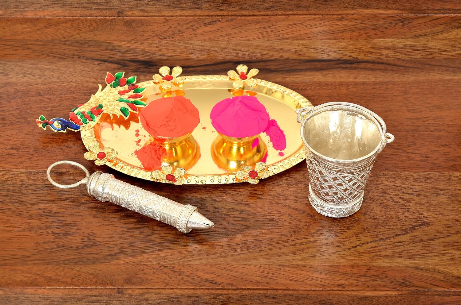 Decorated Plate with brass Balti Pichkari and Tow Bowls for Holi Celebration (Width 6 Inch)