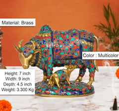 Cow and calf showpiece, multicolor decorative panels with ornate brass accents