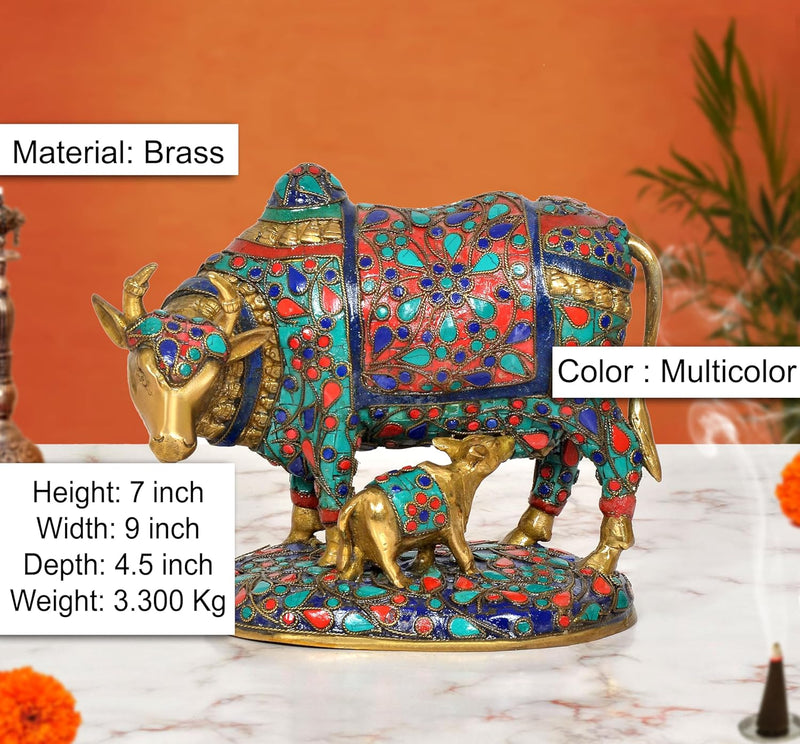 Brass Kamdhenu Cow with Calf Showpiece (Height: 7 inch)