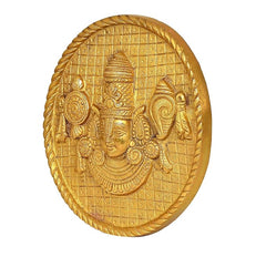 Golden brass Tirupati Balaji wall plate statue, side view of embossed figures