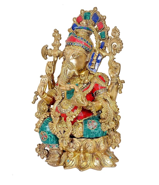 Brass Ganesha Mangalkari Statue Idol On Lotush with Frame and Beautiful Stone Work | Height : 16 Inches