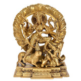 Brass Durga idol, front view with circular halo, ten arms holding weapons