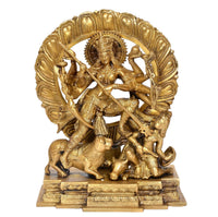 Brass Durga idol, front view with circular halo, ten arms holding weapons