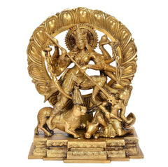 Brass Durga idol, front view with circular halo, ten arms holding weapons