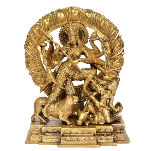 Brass Ten-Armed Mahishasuramardini Goddess Durga Idol for Home Decor Pooja Mandir Decorative Showpiece(Height 12 Inch)