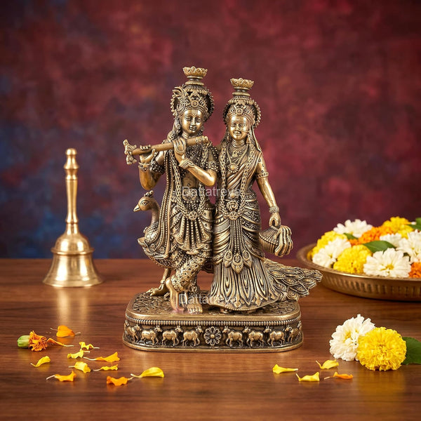 Superfine Brass Standing Radha Krishna Statue Idol with Peacock Krishna Playing Flute Decorative Showpiece for Home Decor Mandir Office Pooja Temple