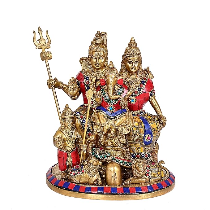 Brass Shiv Parivar statue with trident and four figures in red-blue attire, 10 inch