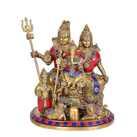 Brass Shiv Parivar statue with trident and four figures in red-blue attire, 10 inch