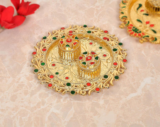 Decorative Design Gold Plated Plastic Haldi Kumkum Holder Pooja Thali and 2 Bowl For Rakhi Diwali Wedding Gifts Tilak Plate (Width 5.5 Inch) (Multicolor Pooja Thali)