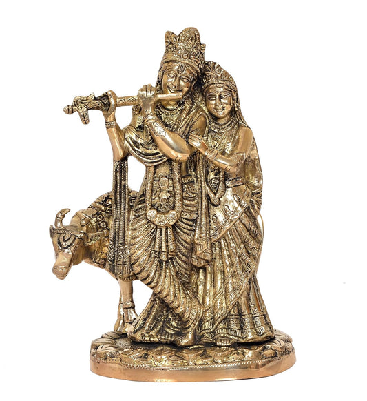 Brass Radha Krishna with Cow Idol Statue for Home Decor and Pooja Mandir Office Decor (Height 9.5 Inch)