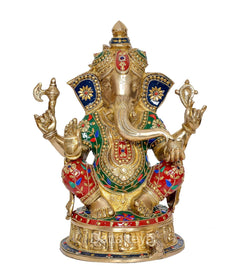 Brass Lord Ganesha statue with four arms, ornate painted clothing and gold details