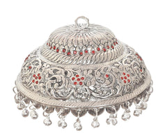 Silver carved chattar dome with red inlay dots and dangling bell tassels