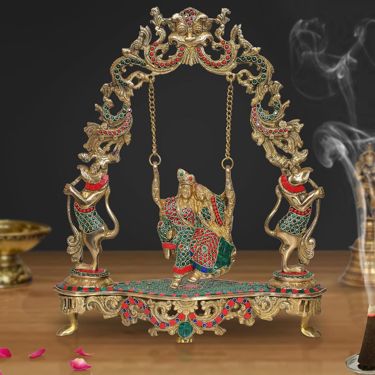 Brass Radha Krishna swing statue, ornate gold arch and chain, 18-inch height