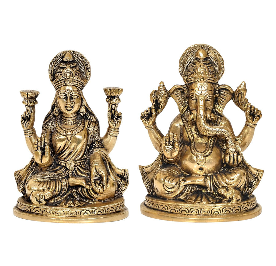Brass Laxmi Ganesh Statue - Handcrafted Goddess Lakshmi and Lord Ganesha Idol for Home Decor and Pooja - Hindu Deities Figurine (Height 5.5 Inch) Craft Detail