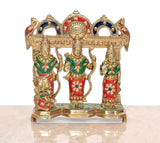 Brass Ram Darbar figurines: three deities on base, red garments with green chest details