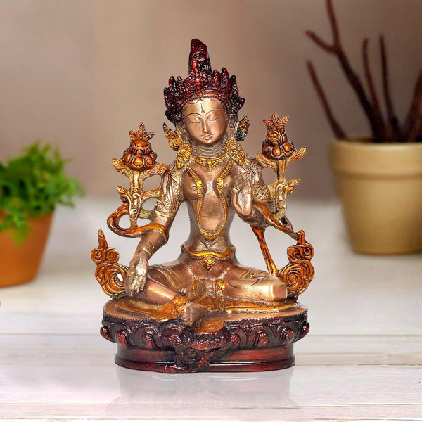 Brass Tara Devi Statue - Handcrafted Hindu Goddess Idol for Home Decor and Pooja Mandir Golden Color (Height 8.5 Inch)