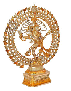 Brass Shiva Nataraj statue, raised arms and elaborate halo ring with sculpted base