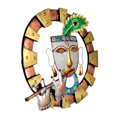 Krishna iron wall sculpture front view: painted face, flute, peacock feather, round metal ring