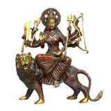 Brass Durga mother goddess statue on lion, seated with multiple arms and weapons, 11.5 in