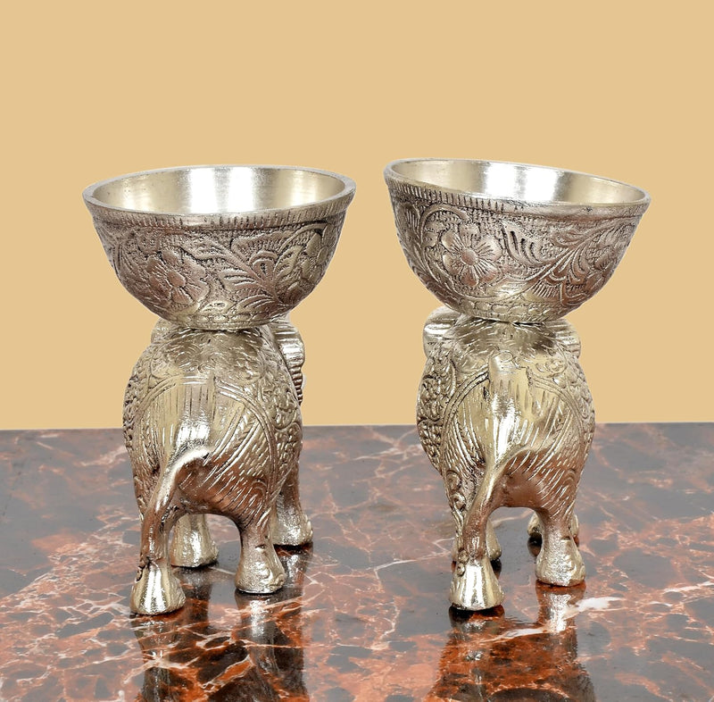 Metal Elephant Dry Fruit Bowl Showpiece Silver Polish Pack of 2 (Height: 5 Inch)