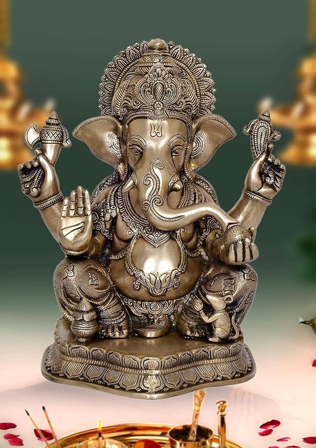 Brass Ganesha statue idol, seated with four arms and ornate crown, home mandir decor