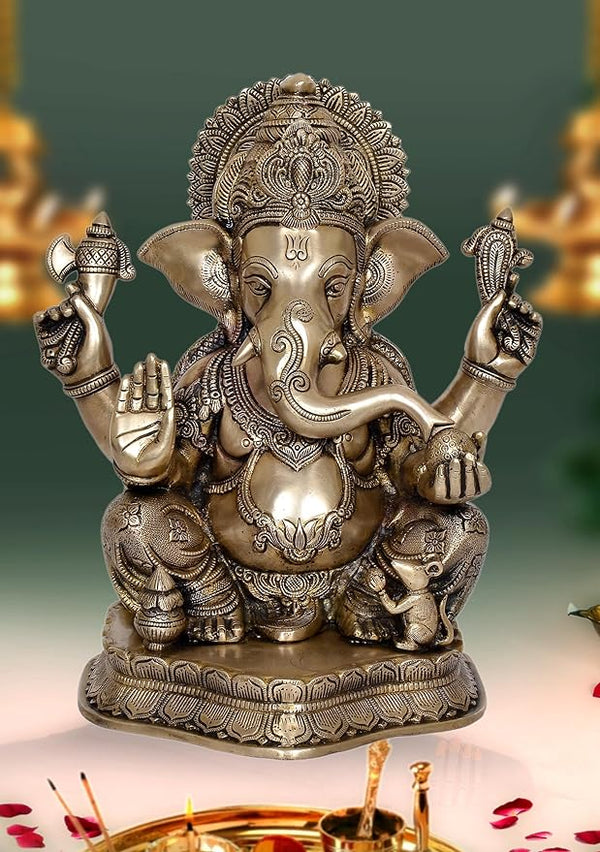 Brass Ganesha Brass Statue Idol for Home Decor Office Mandir | Height : 15.5 inch