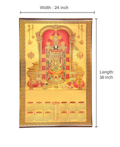 Gold foil 24x36 inch wall calendar dimensions, Tirupati Balaji 2026 date grid