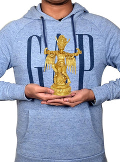 Brass Garun Bhagwan idol held in hands, standing on round base, 8 inch