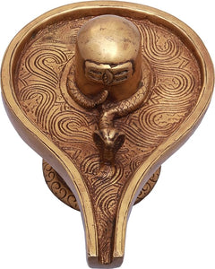 Brass Shiva linga top view, engraved base with patterned rim, 6 in height
