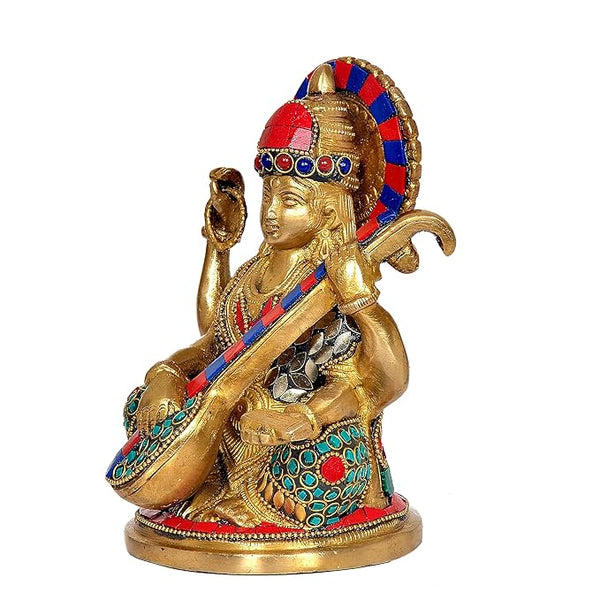 Brass Saraswati Statue Idol for Home Decor | Height : 7 Inches Study Setting
