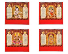 Spiral desk calendar pages featuring devotional deity images and 2026 month-date boxes