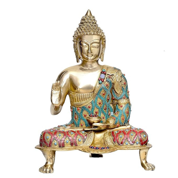 Big Brass Buddha Statue Color Stone Handwork Work Sculpture Blessing Idol for Home Decor Gift Religious Showpiece Good Luck Office Table Showpiece 51 cm (Brass, Multicolor)