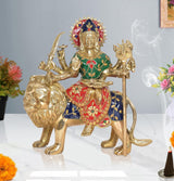Brass Durga Maa idol on lion, jeweled crown, holds trident and sword, 10 inch