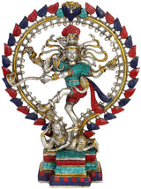 Brass Nataraja idol statue, 17 in; dancing figure with jeweled halo in blue red turquoise