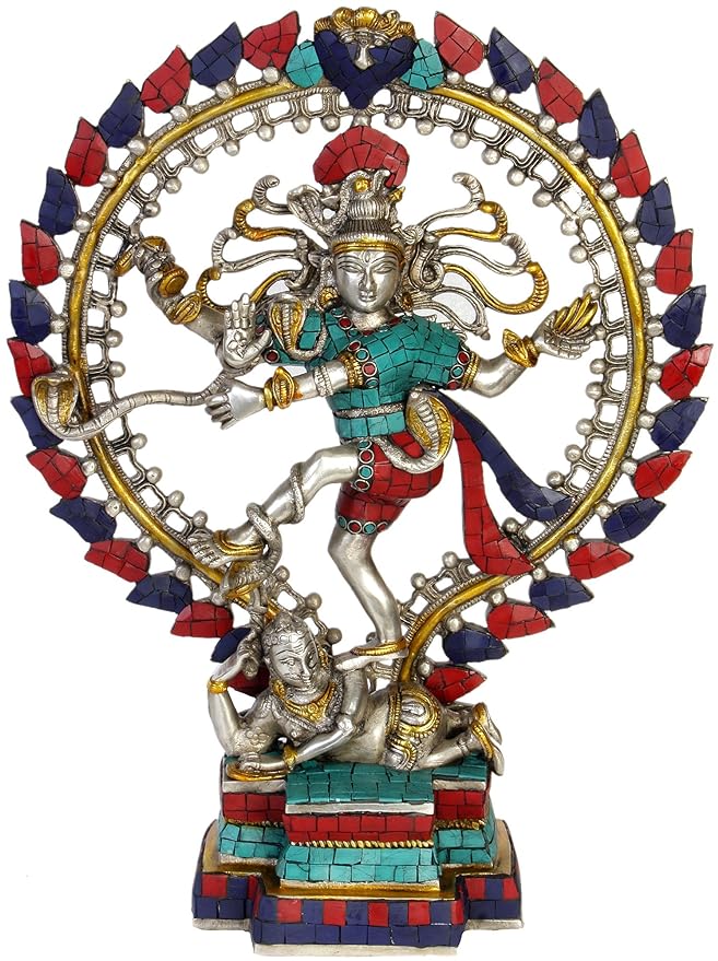 Brass Nataraja idol statue, 17 in; dancing figure with jeweled halo in blue red turquoise