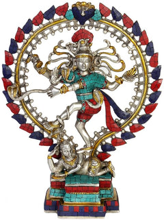 Brass Nataraja idol statue, 17 in; dancing figure with jeweled halo in blue red turquoise