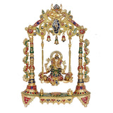 Brass Ganesha swing with multicolored enamel details, bells and ornate frame
