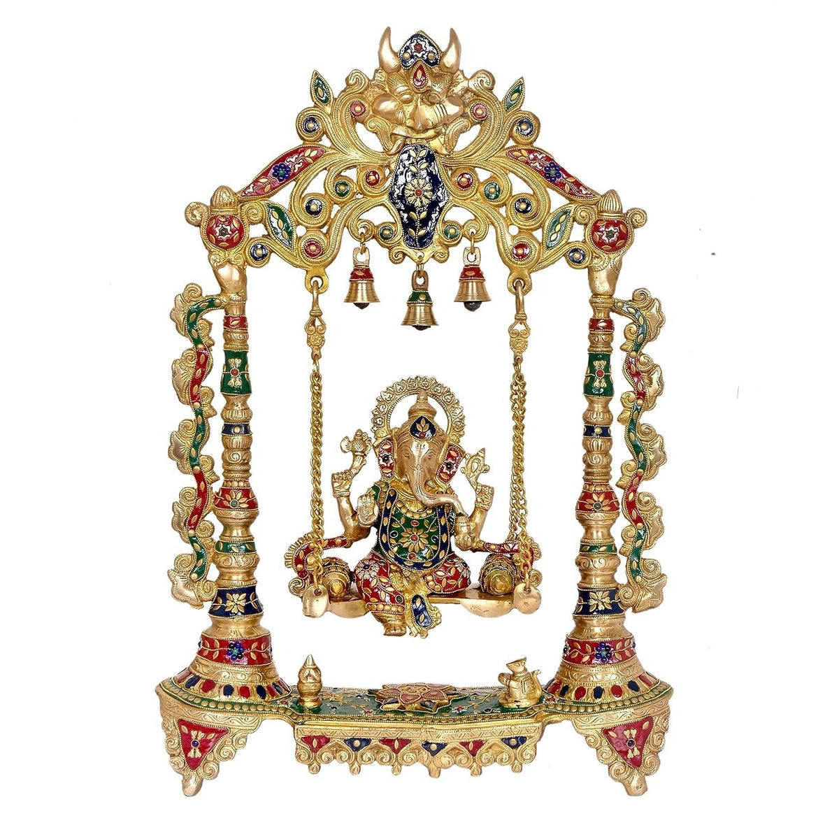 Brass Ganesha swing with multicolored enamel details, bells and ornate frame