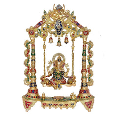 Brass Ganesha swing with multicolored enamel details, bells and ornate frame