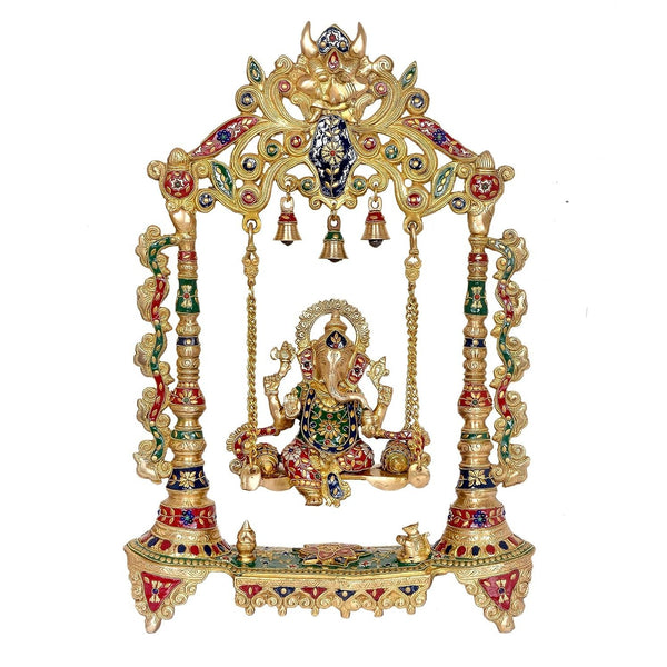 AONA Brass Ganesha Swing Statue Idol with Bells for Home Decor | Height : 27 Inches | Weight : 17 KG (Golden)