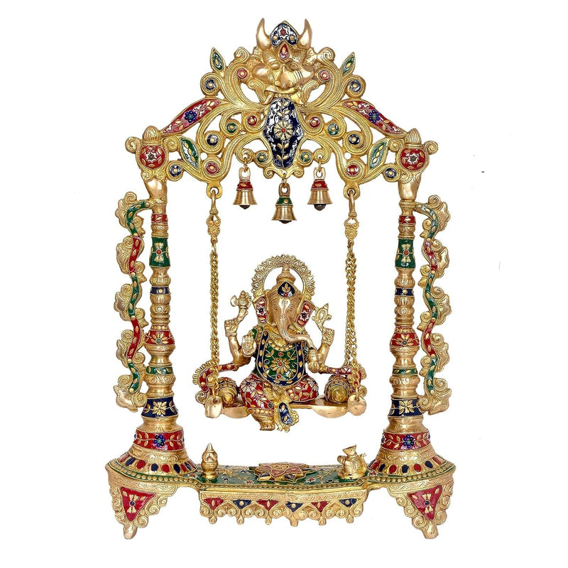 AONA Brass Ganesha Swing Statue Idol with Bells for Home Decor | Height : 27 Inches | Weight : 17 KG (Golden)