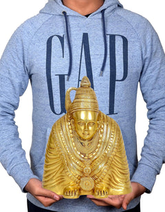 Brass Tulja Bhavani idol, seated goddess statue held in hands
