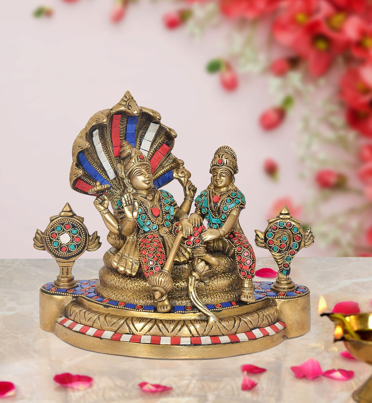 Brass Lakshmi and Vishnu on Sheshnag idol statue, multicolor detailing, front view