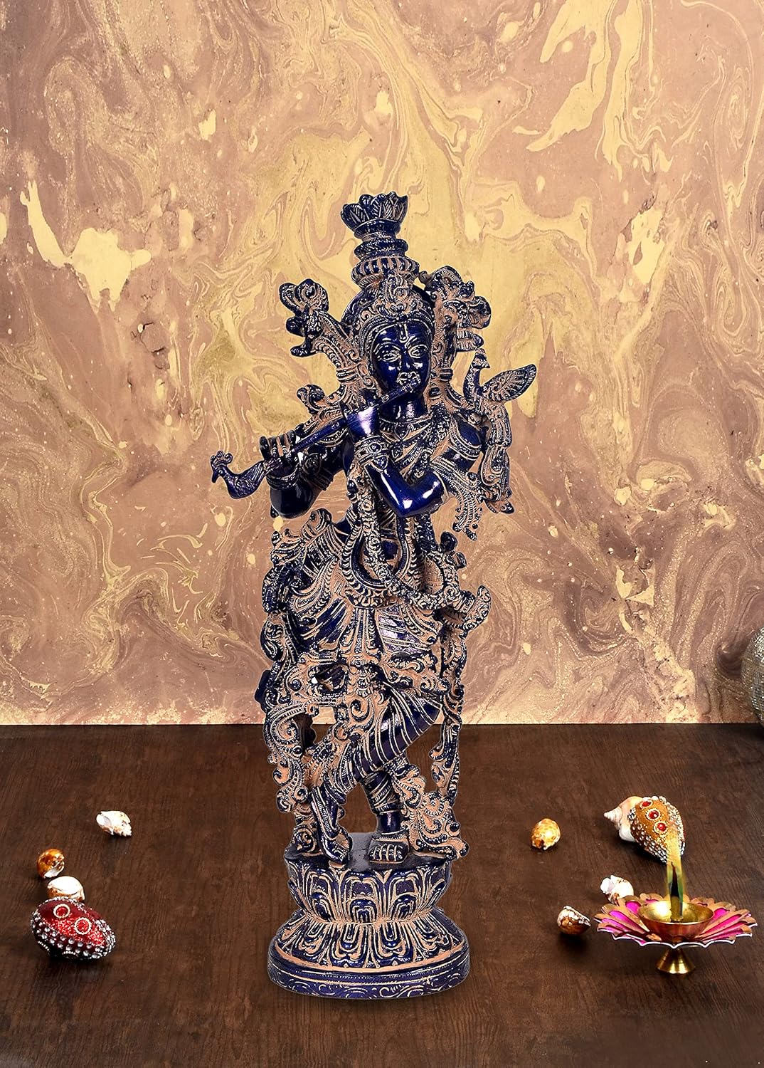 Brass Lord Krishna Idol Figurine (Height: 14 inches) Blue