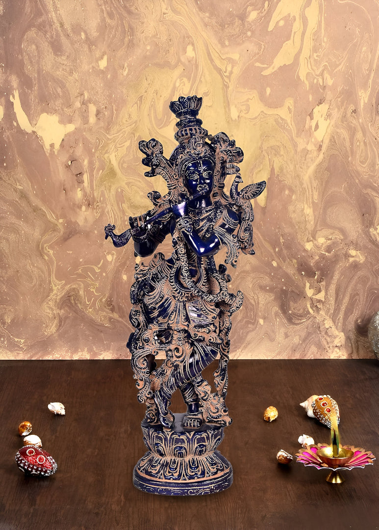 Brass Lord Krishna Idol Figurine (Height: 14 inches) Blue