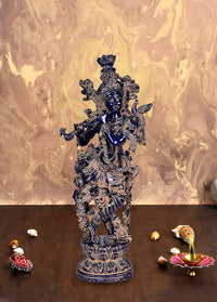 Krishna idol figurine, blue and gold ornate brass, raised hands, standing on base