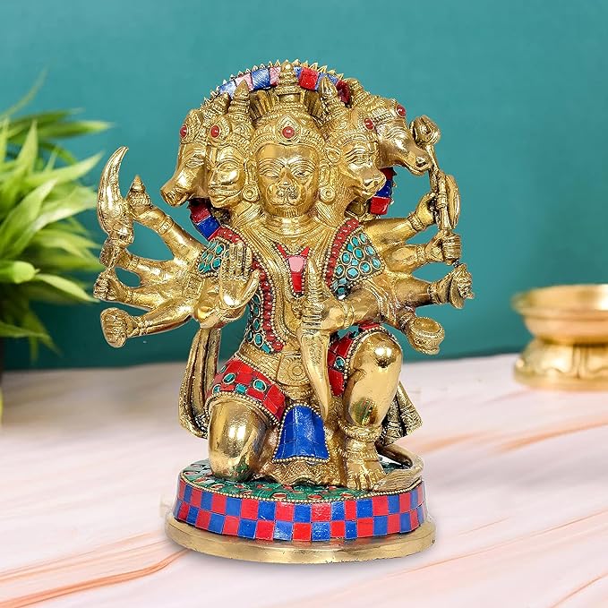 Brass PanchMukhi Hanuman statue idol, front view with multiple faces and colorful details