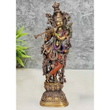 Brass Krishna sculpture, 29 in, brown horse figure with ornate jeweled detail