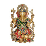 Brass Ganpati figurine on lotus base, 12 in, front view with ornate crown and trident hands